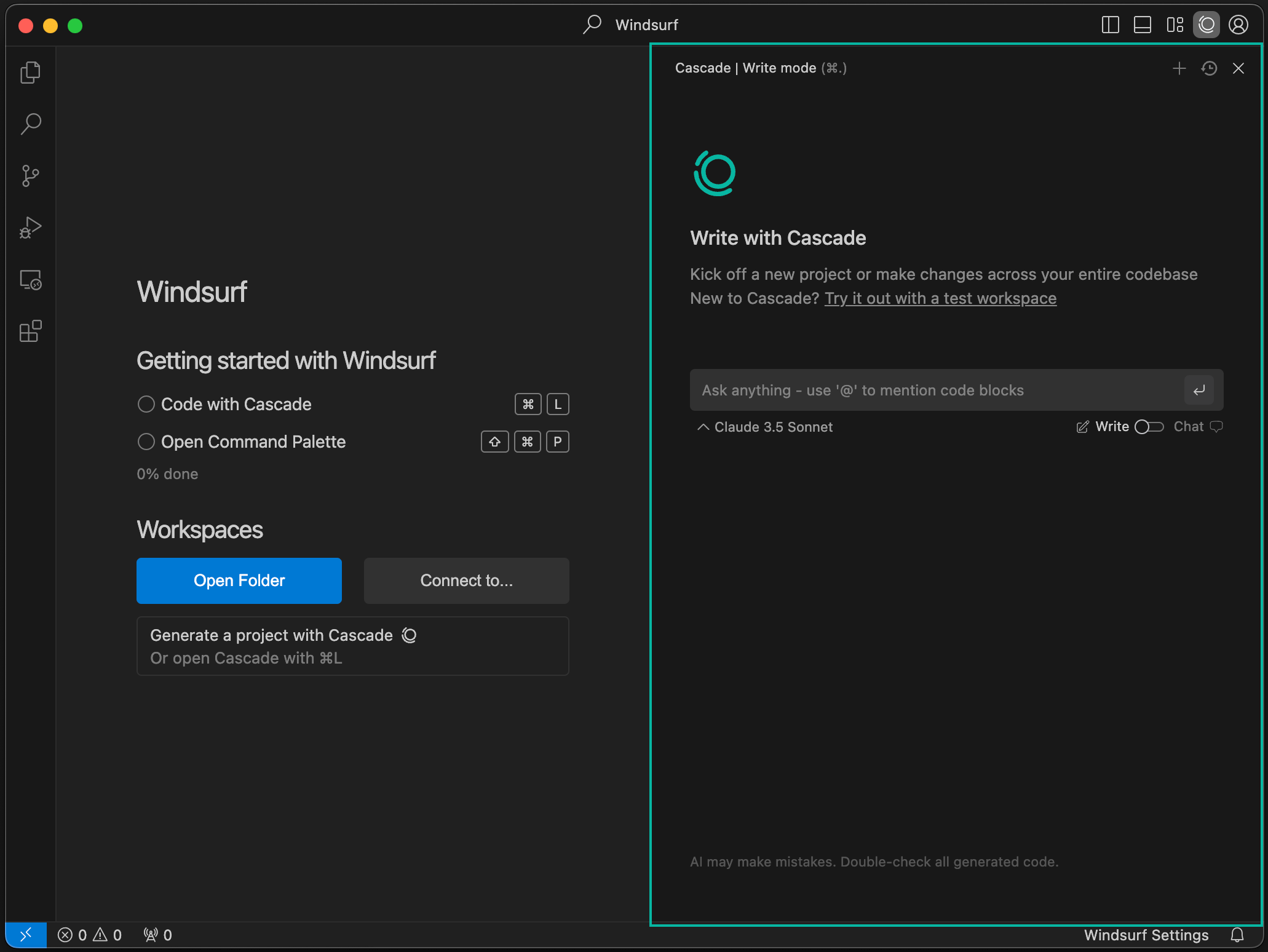 The Devin Desktop editor showing a 'Getting started with Windsurf' welcome panel (screenshot shows pre-rename Windsurf branding) beside the Cascade 'Write mode' panel, whose input reads 'Ask anything - use @ to mention code blocks' with a Write/Chat toggle and a Claude model selector