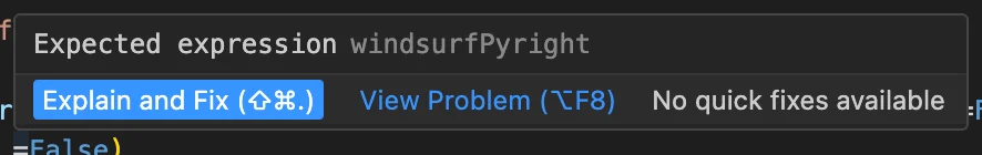 An error highlighted in the editor with an 'Explain and Fix (⇧⌘.)' button and a 'View Problem' link