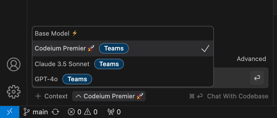 Cascade's 'Base Model' dropdown listing Codeium Premier (selected), Claude 3.5 Sonnet, and GPT-4o, each with a Teams badge