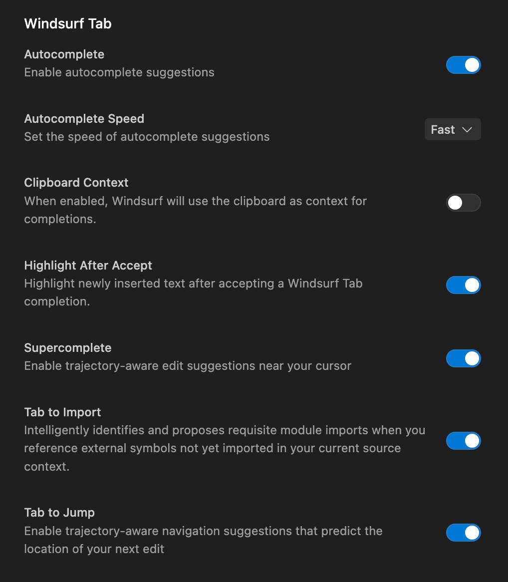 Devin Desktop's 'Windsurf Tab' settings panel with toggles for Autocomplete, Autocomplete Speed, Clipboard Context, Highlight After Accept, Supercomplete, Tab to Import, and Tab to Jump
